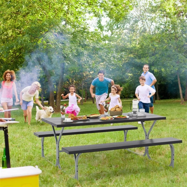 6FT Picnic Table & Bench Set for 8-Person, Heavy Duty Weather-Resistant Outdoor Dining Table with Umbrella Hole HDPE Tabletop & Built-in Benches