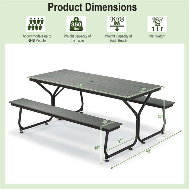 6FT Outdoor Picnic Table Bench Set for 6-8 Person, All-Weather HDPE Heavy-Duty Picnic Table with 2 Benches & Umbrella Hole, 2550LBS Capacity