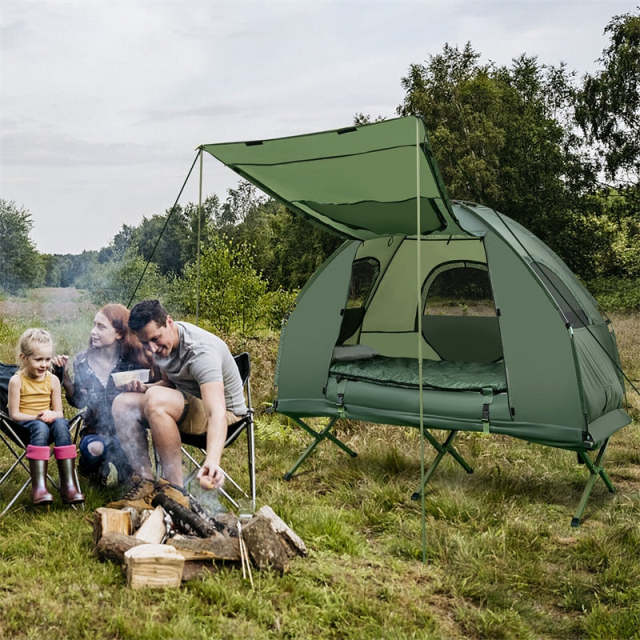 1 Person Folding Camping Tent Cot, 5-in-1 Elevated Off-Ground Tent with Air Mattress, Sleeping Bag, Pillow, Sunshade & Carry Bag for Outdoor Hiking