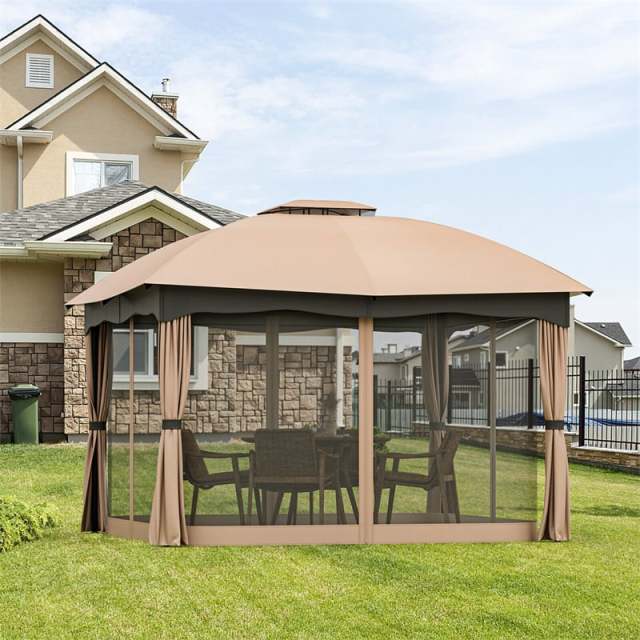 2 x 10FT Heavy Duty Steel Patio Gazebo, Double Vented Outdoor Canopy with Mesh Screen Netting & Zippered Privacy Curtains for Deck Garden Yard