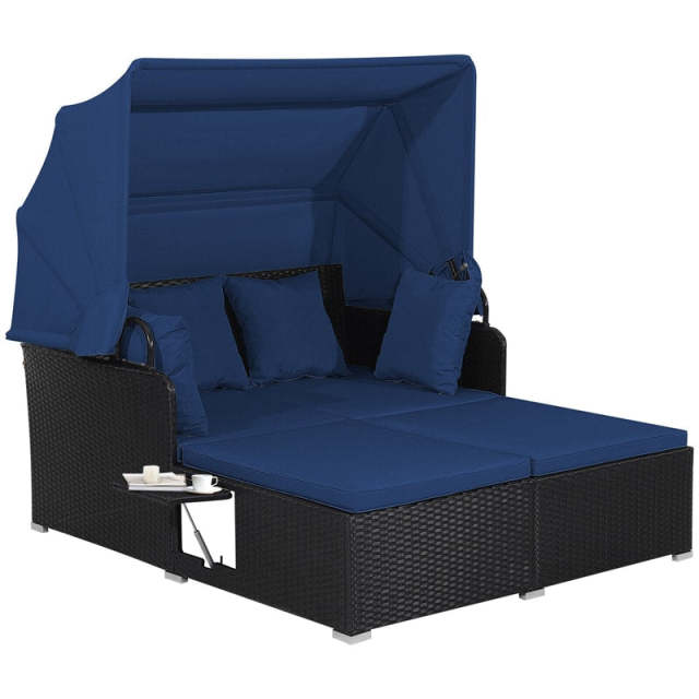 Outdoor Wicker Daybed, Hand-Woven Rattan Daybed with Retractable Canopy, 2 Side Tables, Soft Cushions, Chaise Loveseat for Garden Backyard