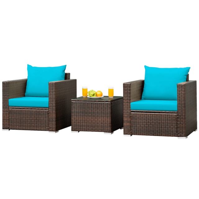 3 Piece Patio Conversation Set, Outdoor Rattan Sofa Furniture Set with Washable Cushions & Tempered Glass Coffee Table for Poolside Backyard
