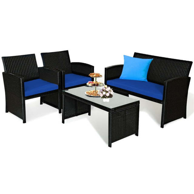 4-Piece Rattan Patio Furniture Set, Weather-Resistant Outdoor Wicker Conversation Sofa with Cushions & Tempered Glass Table for Backyard