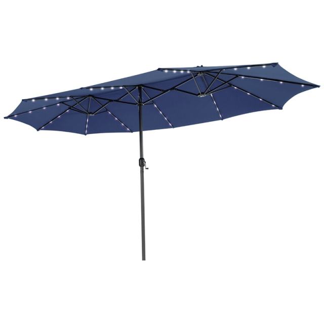 15FT Double-Sided Patio Umbrella with 48 Solar LED Lights & Crank Handle, Extra Large Outdoor Market Umbrella for Poolside, Deck, Backyard