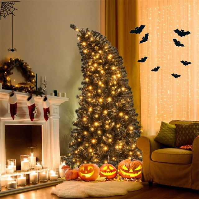 6FT/7FT Artificial Christmas Tree Pre-Lit Black Halloween Tree with Adjustable Treetop, Warm White LED Lights, PVC Branch Tips, Metal Stand