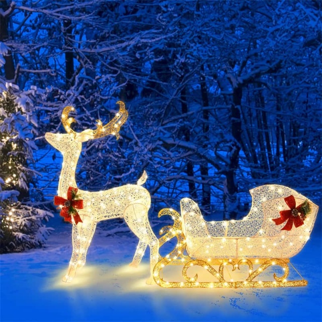 6FT Christmas Lighted Reindeer & Santa's Sleigh with 215 LED Lights, 4 Ground Stakes, Xmas Lighted Outdoor Yard Decoration