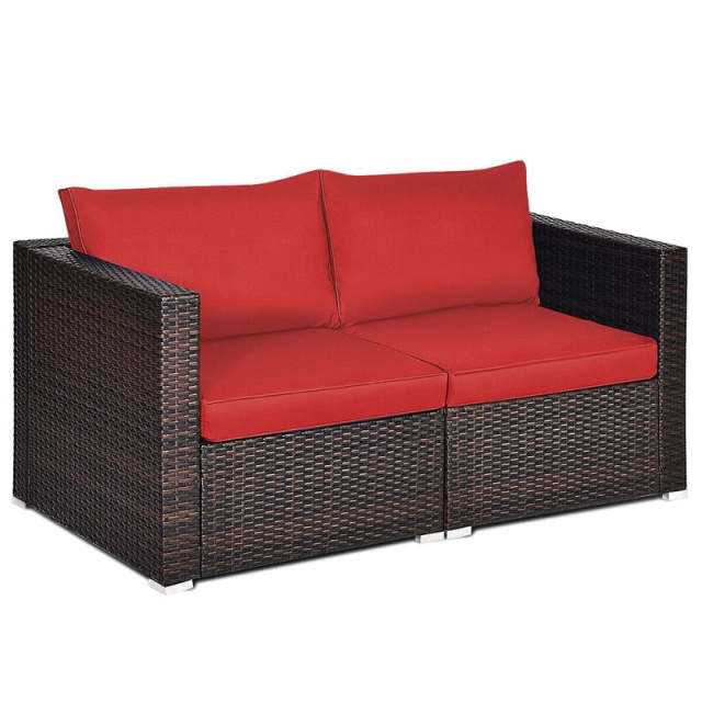 2 PCS Patio Rattan Corner Sofas Wicker Outdoor Loveseat with Cushions for Balcony Poolside Deck