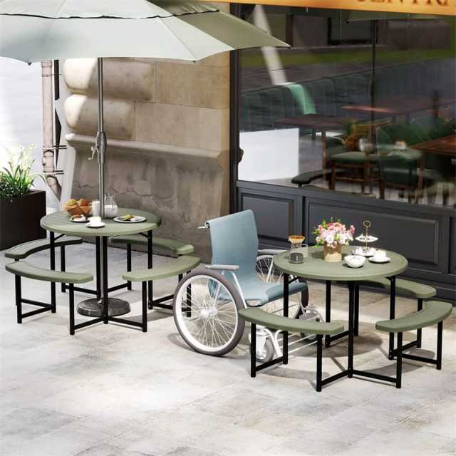 8 Person Round Outdoor Picnic Table Bench Set with Umbrella Hole, HDPE Tabletop, Metal Frame & 2000lbs Capacity for Patio, Garden, Lawn