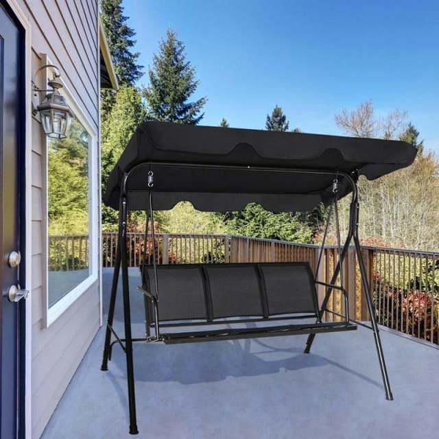 3-Person Outdoor Patio Swing with Adjustable Canopy & Steel Frame, Weather-resistant Porch Swing Bench for Garden, Yard, Poolside, Balcony