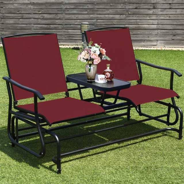 2-Person Outdoor Glider Chair with Center Tempered Glass Table, Steel Frame & Breathable Mesh, Patio Rocking Bench for Porch Garden Poolside