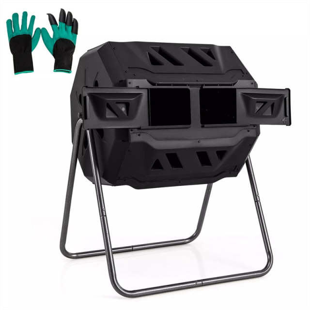 42-Gallon Dual Chamber Compost Tumbler, Rotating Outdoor Composter with Sliding Doors & Gloves, Metal Frame Compost Barrel for Garden Yard