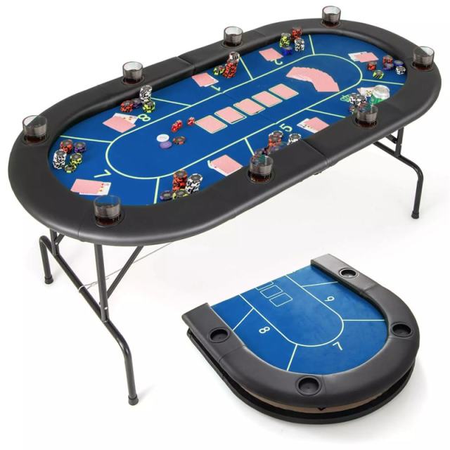 8-Player Poker Table, 72" Foldable Card Game Table with 8 Cup Holders, Casino-Grade Felt Surface, Portable Texas Holdem Table for Blackjack