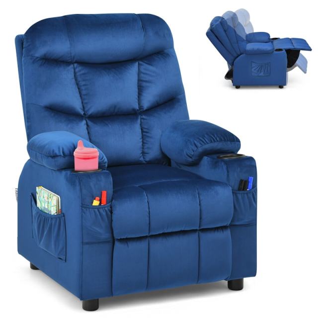 Kids Recliner Chair, Adjustable Velvet Recliner with Footrest, 2 Cup Holders & Side Pockets, Ergonomic Toddler Recliner Sofa for Boys Girls Room