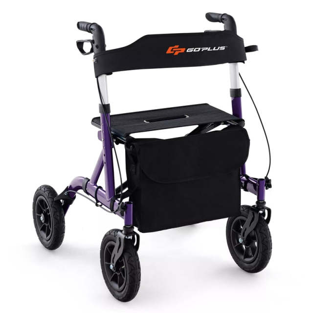 Foldable Rollator Walker with Seat & 9.5" All-Terrain Pneumatic Wheels, 350lbs Heavy Duty Height Adjustable Bariatric Rollator for Seniors/Adults