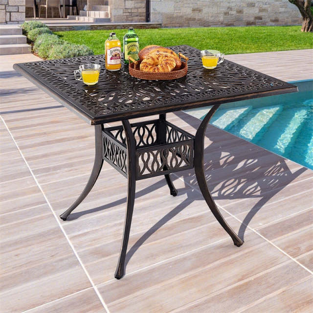 35.4" Square Outdoor Dining Table, All-Weather Cast Aluminum Table with 2.2" Umbrella Hole, 4-Person Dining Table for Garden, Backyard & Poolside