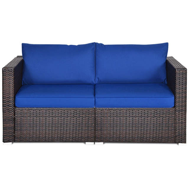 2 PCS Patio Rattan Corner Sofas Wicker Outdoor Loveseat with Cushions for Balcony Poolside Deck