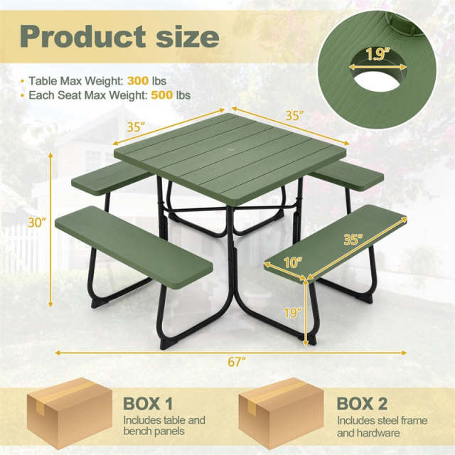 8-Person Picnic Table Set, Square Outdoor Table with 4 Built-in Benches, Umbrella Hole, HDPE Top, Metal Frame, 500LBS Capacity for Garden Patio