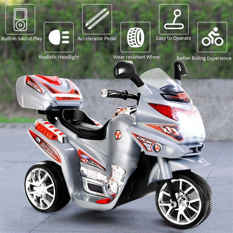 6V Kids Ride-On Motorcycle, Battery Powered 3-Wheel Motorcycle with LED Headlights, Music, Storage Trunk, Electric Motorcycle Toy for Boys/Girls he1