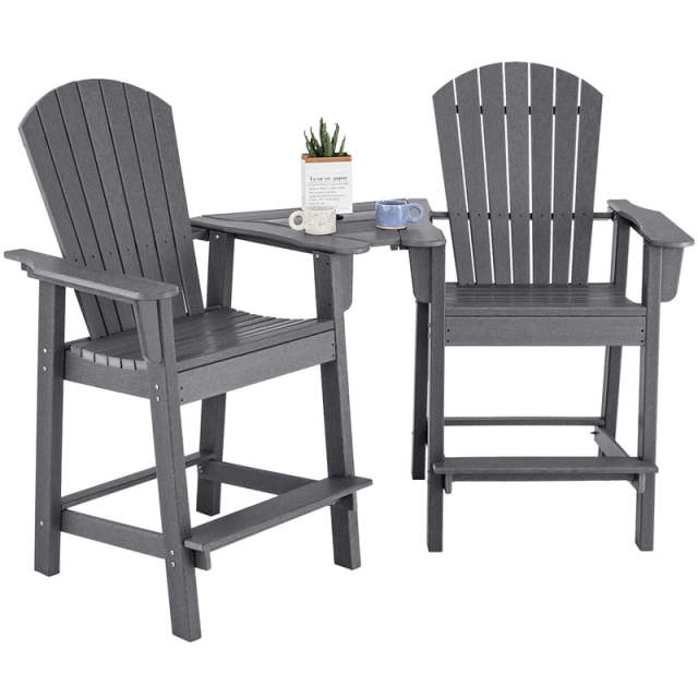HDPE Tall Adirondack Chairs Set of 2 with Connecting Tray & Umbrella Hole, All-Weather Outdoor Counter Height Bar Stools for Patio, Backyard