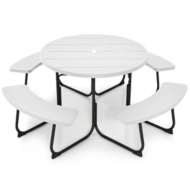 8-Person Outdoor Round HDPE Picnic Table & Bench Set with Umbrella Hole, Metal Frame, 2000LBS Capacity Patio Table Bench Set for Backyard Garden