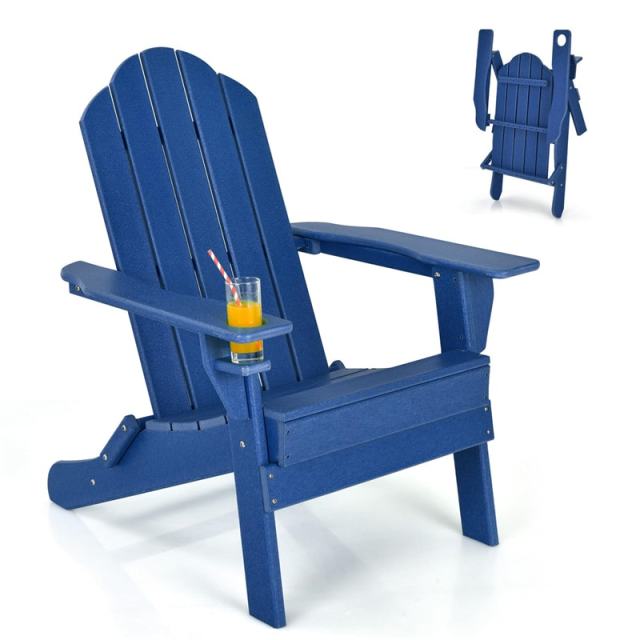 HDPE Folding Adirondack Chair, Outdoor Fire Pit Chair with Cup Holder, Weather Resistant Patio Lounge Chair for Backyard, Garden, Poolside