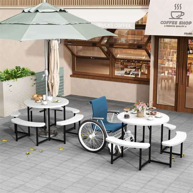 8 Person Round Outdoor Picnic Table Bench Set with Umbrella Hole, HDPE Tabletop, Metal Frame & 2000lbs Capacity for Patio, Garden, Lawn
