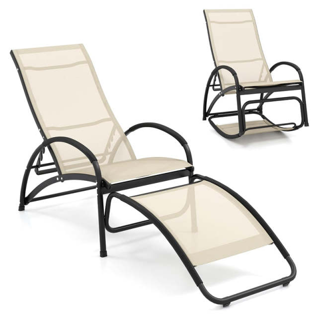 2-in-1 Outdoor Rocking Chair, Convertible Patio Lounge Chair with 4-Position Adjustable Backrest, Curved Armrests & Aluminum Frame for Poolside, Porch