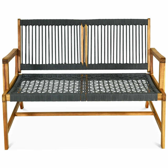 2-Person Patio Acacia Wood Bench Outdoor Loveseat Chair Garden Rope Bench for Balcony Porch