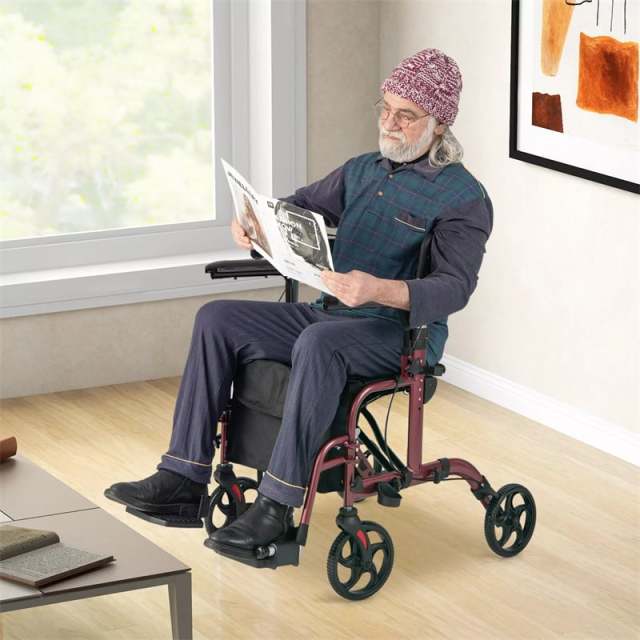 2-in-1 Folding Rollator Walker Wheelchair Combo with Backrest & Adjustable Height, 300lbs Aluminum Mobility Walking Aid for Seniors/Adults