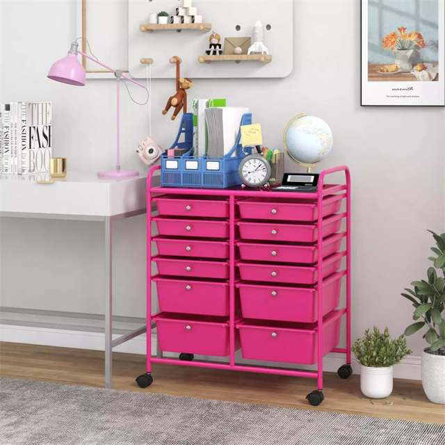 12-Drawer Rolling Storage Cart, Multipurpose Organizer Cart with Lockable Casters, Mobile Utility Cart for School Office Beauty Salon