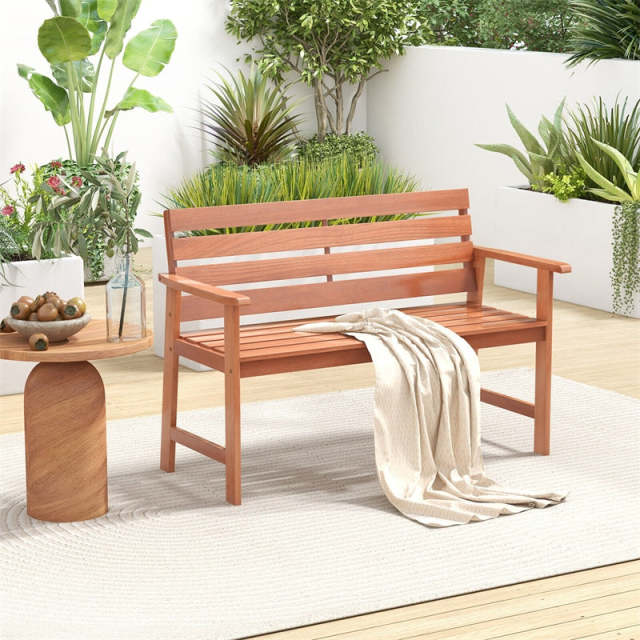 48" Solid Wood Patio Bench, Ergonomic 2-Seat Garden Bench with Slatted Seat & Inclined Backrest, Outdoor Loveseat for Backyard, Balcony