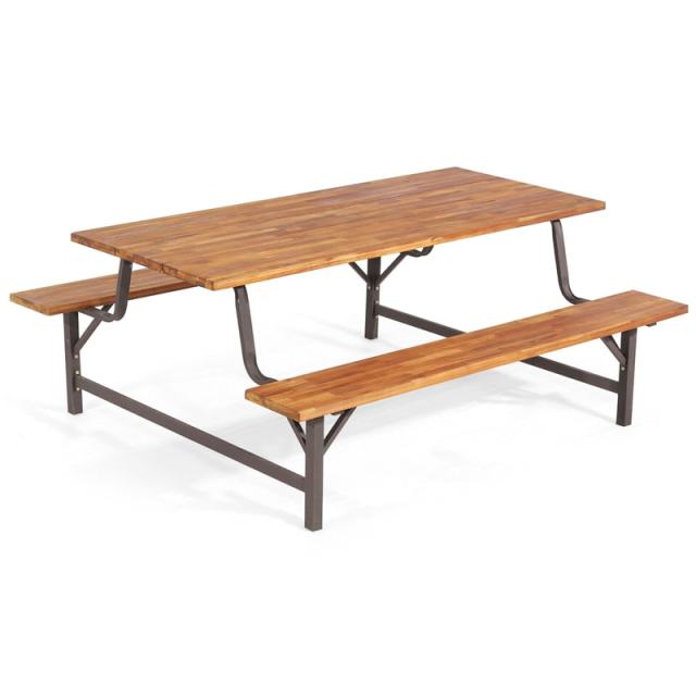 Acacia Wood Picnic Table Bench Set for 4-6 Persons, 6FT Large Camping Table Outdoor Dining Table with Built-in Benches, Umbrella Hole, 800Lbs Capacity