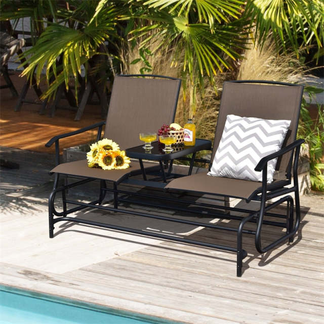 2-Person Outdoor Glider Chair with Center Tempered Glass Table, Steel Frame & Breathable Mesh, Patio Rocking Bench for Porch Garden Poolside