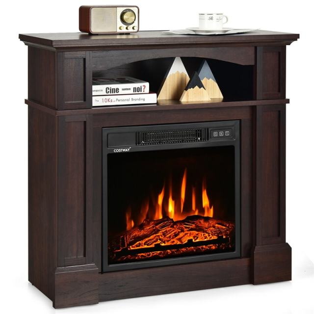 32" Electric Fireplace with Mantel, 1400W Freestanding Heater with Adjustable Flame, Remote Control, Thermostat & Storage Shelf for Living Room