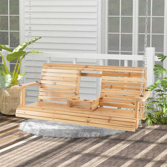 2-Seat Wood Porch Swing with Adjustable Chains & Foldable Cup Holders, Outdoor Hanging Swing Bench for Backyard, Porch, Garden