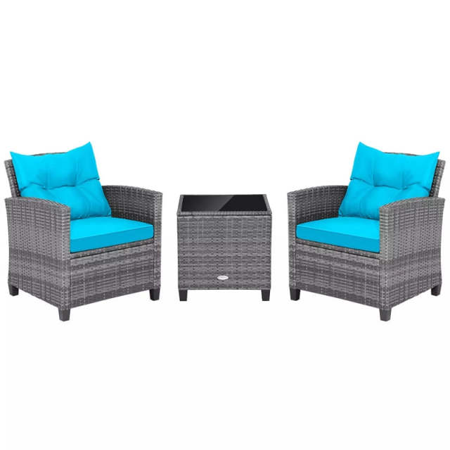 3PCS Patio Rattan Furniture Set Outdoor Conversation Set Wicker Bistro Set with Cushioned Chairs & Tempered Glass Side Table