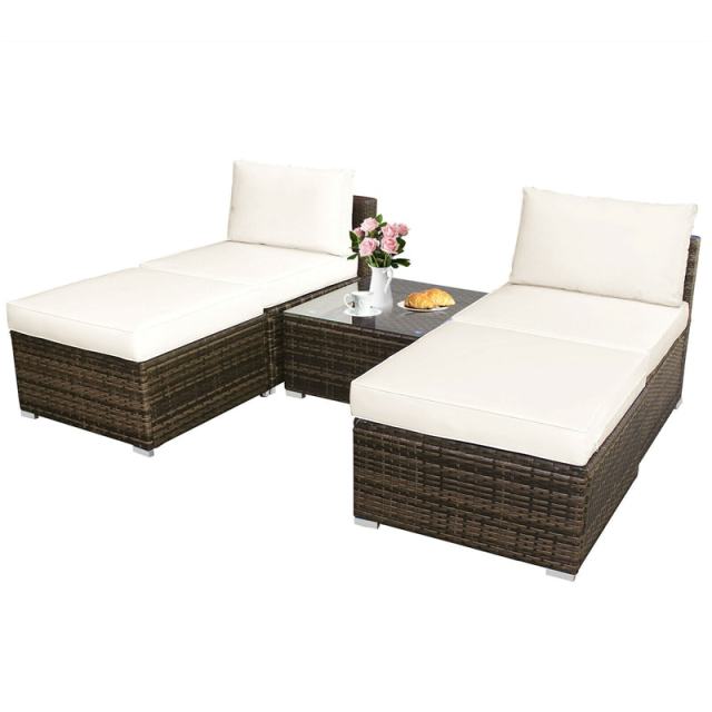 5-Piece Outdoor Rattan Chaise Lounge Set with Ottomans, Coffee Table & Washable Cushions, Patio Sectional Sofa Set for Backyard, Poolside