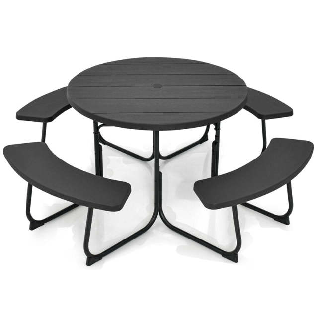 8-Person Outdoor Round HDPE Picnic Table & Bench Set with Umbrella Hole, Metal Frame, 2000LBS Capacity Patio Table Bench Set for Backyard Garden