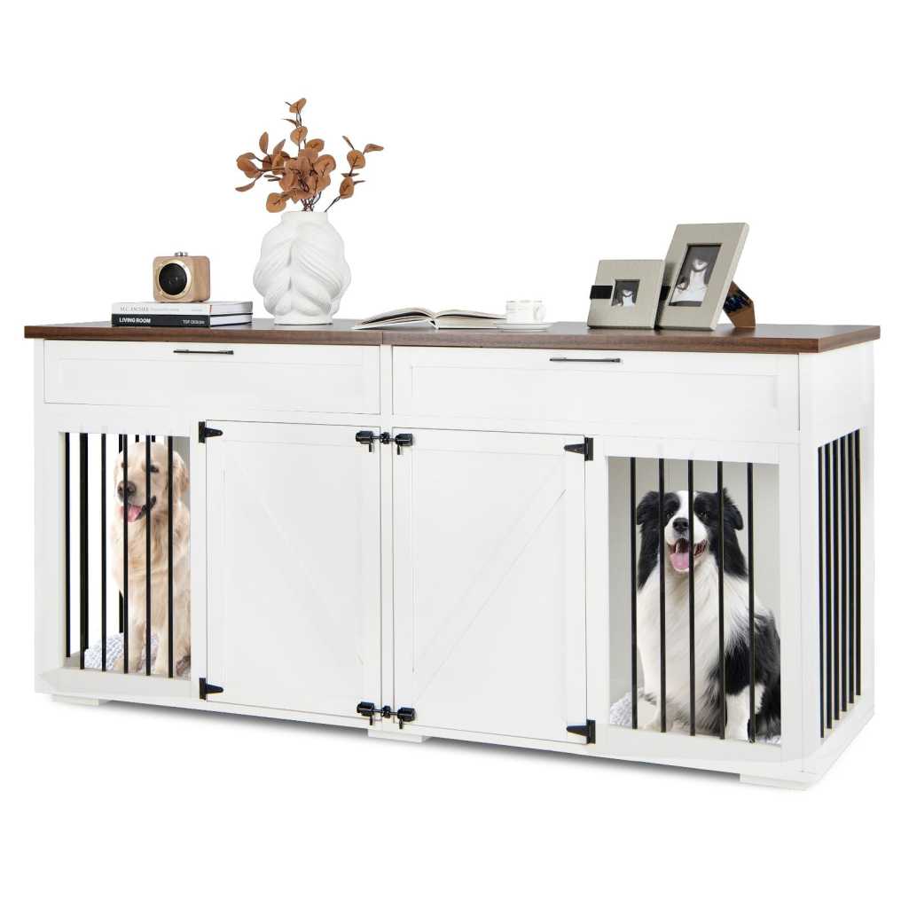Large Double Dog Crate Furniture 72" Indoor Dog Kennel with Removable Room Divider, 2 Drawers & Doors for Medium Large Dogs