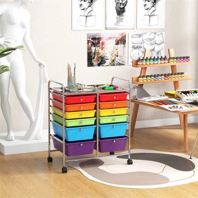 12-Drawer Rolling Storage Cart, Multipurpose Organizer Cart with Lockable Casters, Mobile Utility Cart for School Office Beauty Salon