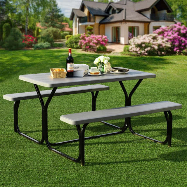 Outdoor Picnic Table Bench Set, All-Weather Metal Frame Camping Table with Built-in Benches & Wood-Like Tabletop for Backyard, Patio, Poolside