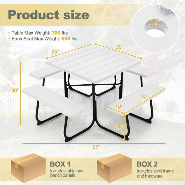 8-Person Picnic Table Set, Square Outdoor Table with 4 Built-in Benches, Umbrella Hole, HDPE Top, Metal Frame, 500LBS Capacity for Garden Patio