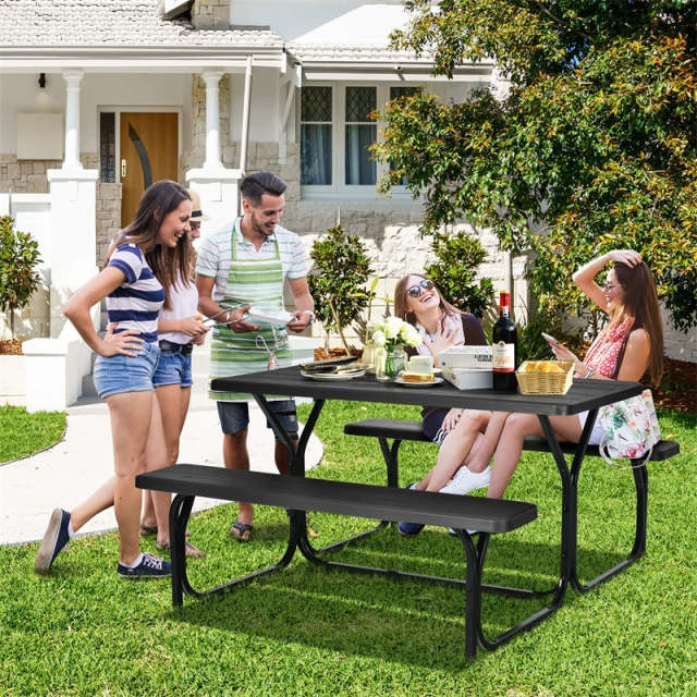 Outdoor Picnic Table Bench Set, All-Weather Metal Frame Camping Table with Built-in Benches & Wood-Like Tabletop for Backyard, Patio, Poolside