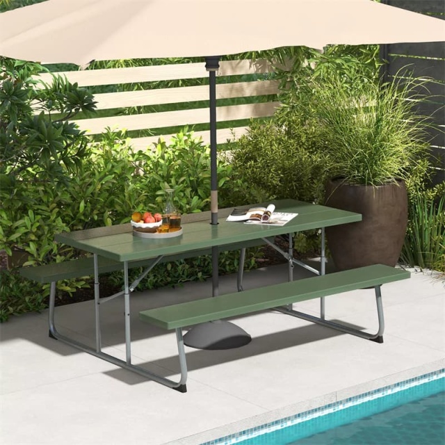 8-Person 6FT Folding Picnic Table & Bench Set, Heavy Duty All-Weather HDPE Outdoor Dining Table with Umbrella Hole & 2 Built-in Benches