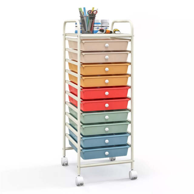 10-Drawer Rolling Storage Cart, Utility Cart with Drawers & Lockable Wheels, Mobile Art Craft Drawer Cart for Home Office, School