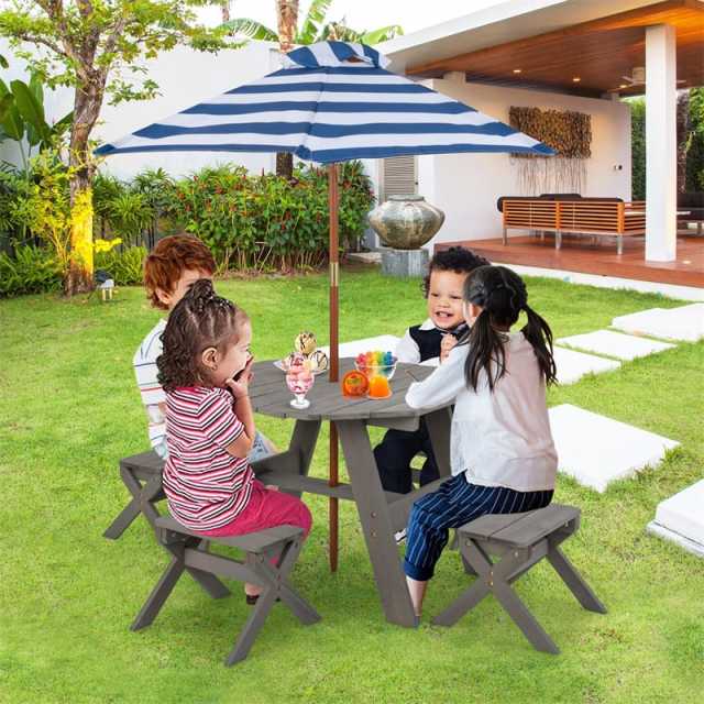 Kids Picnic Table & Bench Set, Fir Wood Octagon Table with Chairs & Removable Umbrella, Toddler Activity Furniture for Patio Garden Backyard
