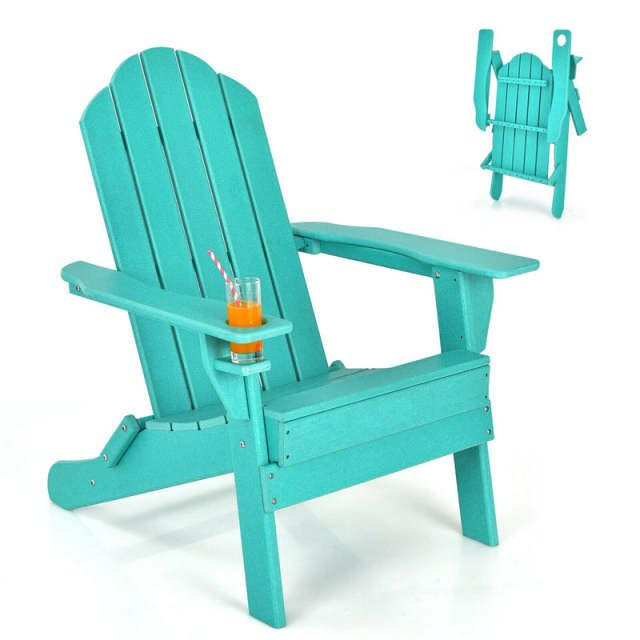 HDPE Folding Adirondack Chair, Outdoor Fire Pit Chair with Cup Holder, Weather Resistant Patio Lounge Chair for Backyard, Garden, Poolside