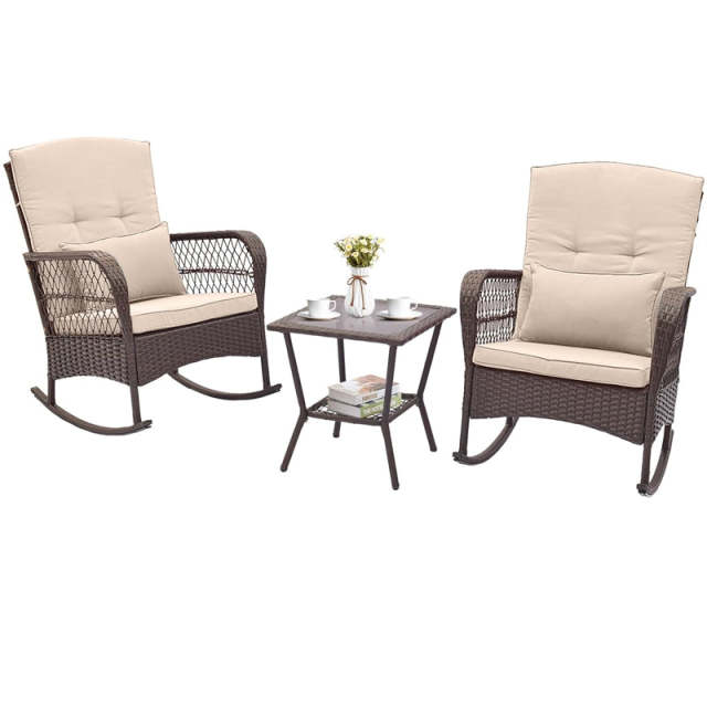 3-Piece Rattan Patio Rocker Set with 2 Rocking Chairs, Tempered Glass Coffee Table & Cushions, Outdoor Bistro Set for Porch, Poolside, Backyard