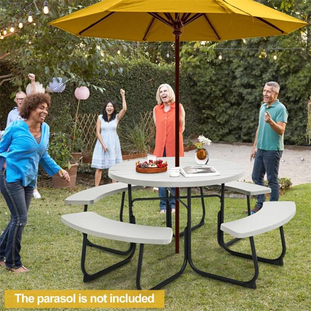 8-Person Outdoor Round HDPE Picnic Table & Bench Set with Umbrella Hole, Metal Frame, 2000LBS Capacity Patio Table Bench Set for Backyard Garden