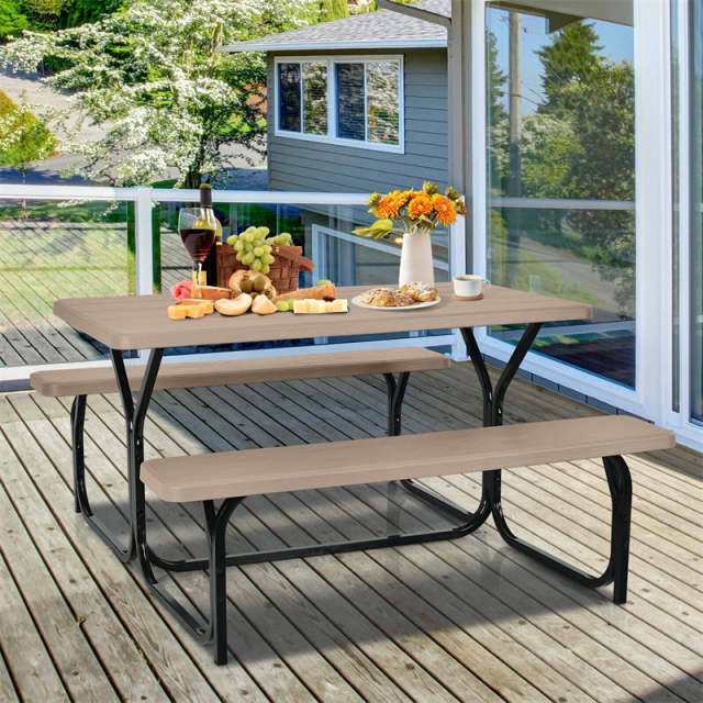 Outdoor Picnic Table Bench Set, All-Weather Metal Frame Camping Table with Built-in Benches & Wood-Like Tabletop for Backyard, Patio, Poolside